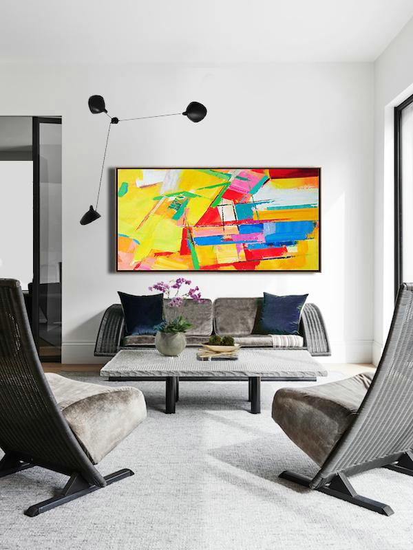 Large Modern Abstract Painting,Horizontal Palette Knife Contemporary Art Panoramic Canvas Painting,Acrylic Minimailist Painting,Yellow,Red,White,Blue.etc